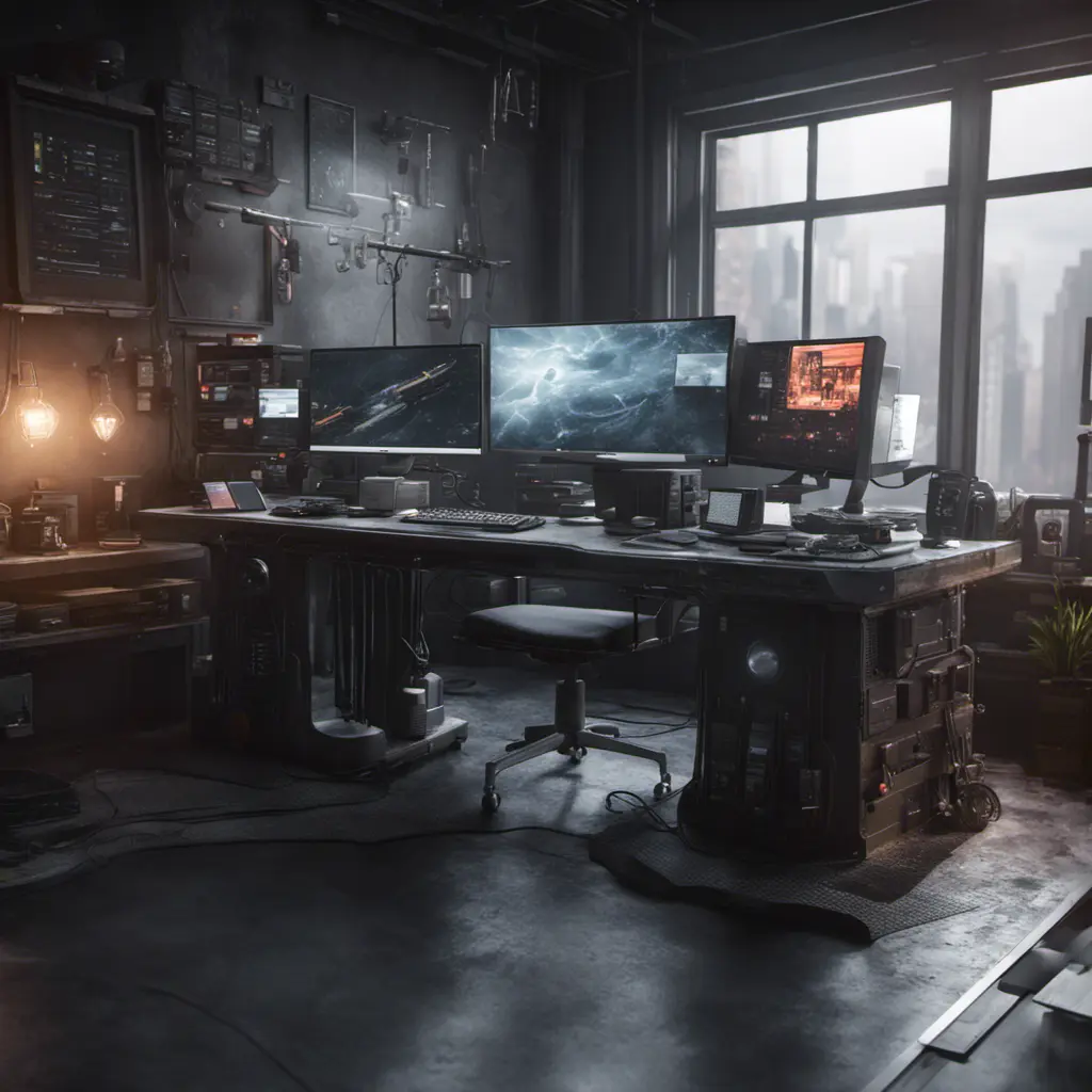 A dark industrial desk from the future with many monitors, Photo Realistic, Volumetric light effect, Octane Render, Unreal Engine, Ambient Occlusion, Maximalism, Industrial by WLOP