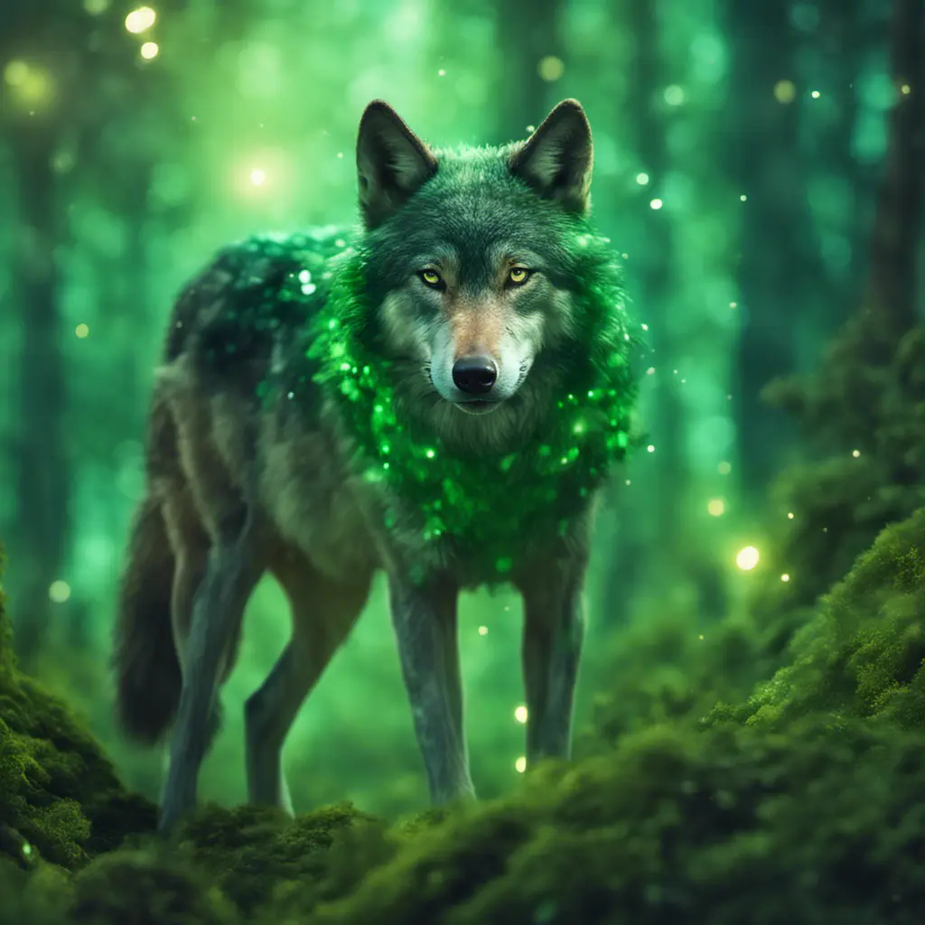 Wolf in a green magical forest, Highly Detailed, Bokeh effect, Sharp Focus, Volumetric Lighting, Fantasy by Stefan Kostic