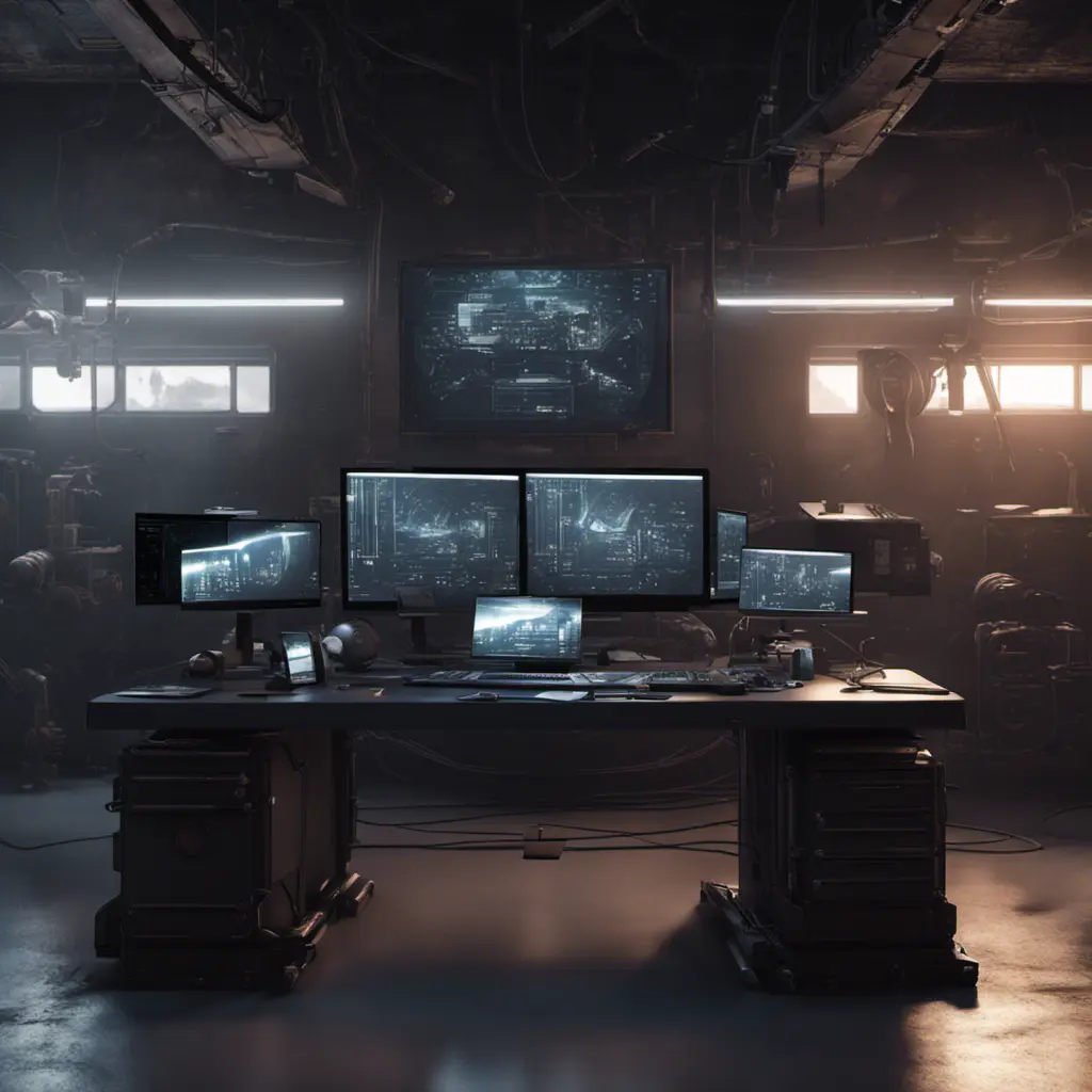 A dark industrial desk from the future with many monitors, Photo Realistic, Volumetric light effect, Octane Render, Unreal Engine, Ambient Occlusion, Maximalism, Industrial by Stefan Kostic