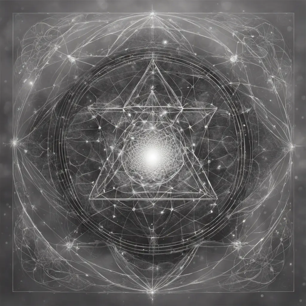 polution symboles, connected to other universes, to the invisible worlds, shades of grey colors, shinning light, sacred geometry, Digital Illustration