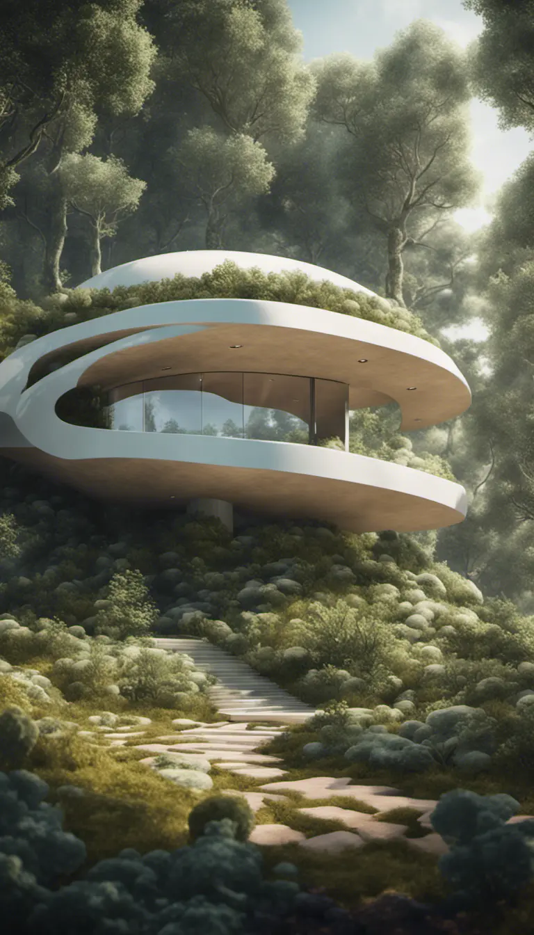 Beautiful futuristic organic house made from imaginary plants in a forest, 8k, Award-Winning, Highly Detailed, Beautiful, Epic, Octane Render, Unreal Engine, Radiant, Volumetric Lighting by Stefan Kostic