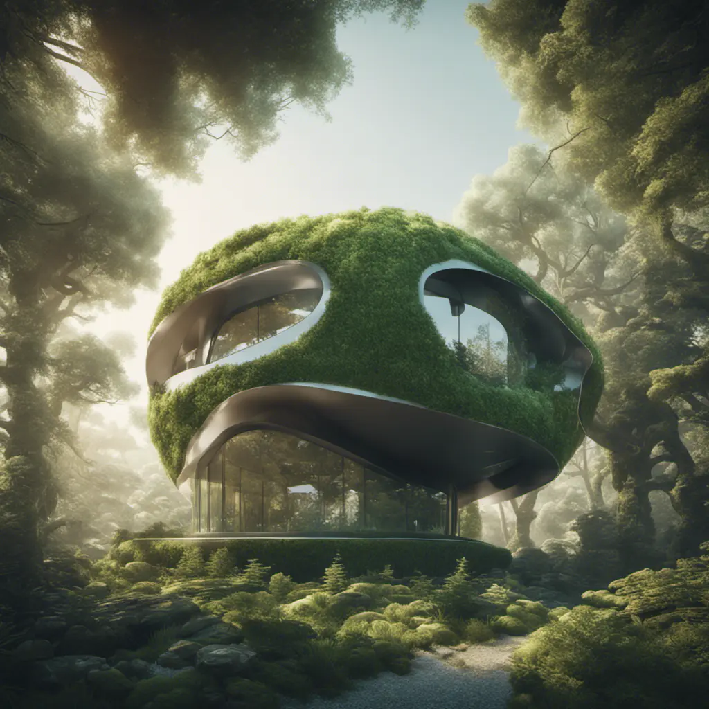 Beautiful futuristic organic house made from imaginary plants in a forest, 8k, Award-Winning, Highly Detailed, Beautiful, Epic, Octane Render, Unreal Engine, Radiant, Volumetric Lighting by Beeple