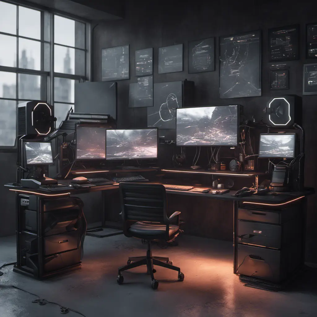 A dark industrial desk from the future with many monitors, Photo Realistic, Volumetric light effect, Octane Render, Unreal Engine, Ambient Occlusion, Maximalism, Industrial by Stanley Artgerm Lau