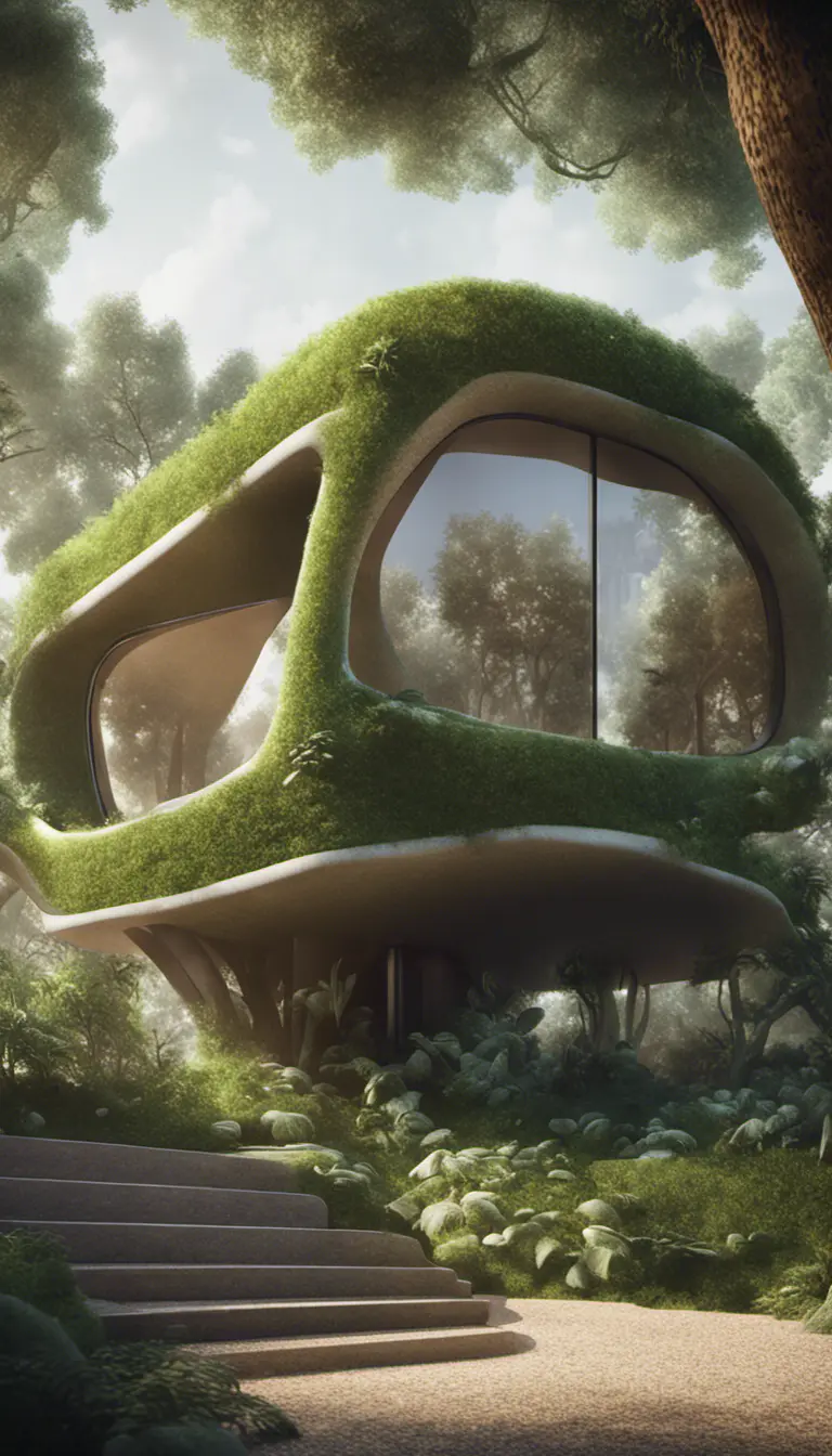 Beautiful futuristic organic house made from imaginary plants in a forest, 8k, Award-Winning, Highly Detailed, Beautiful, Epic, Octane Render, Unreal Engine, Radiant, Volumetric Lighting by Stefan Kostic