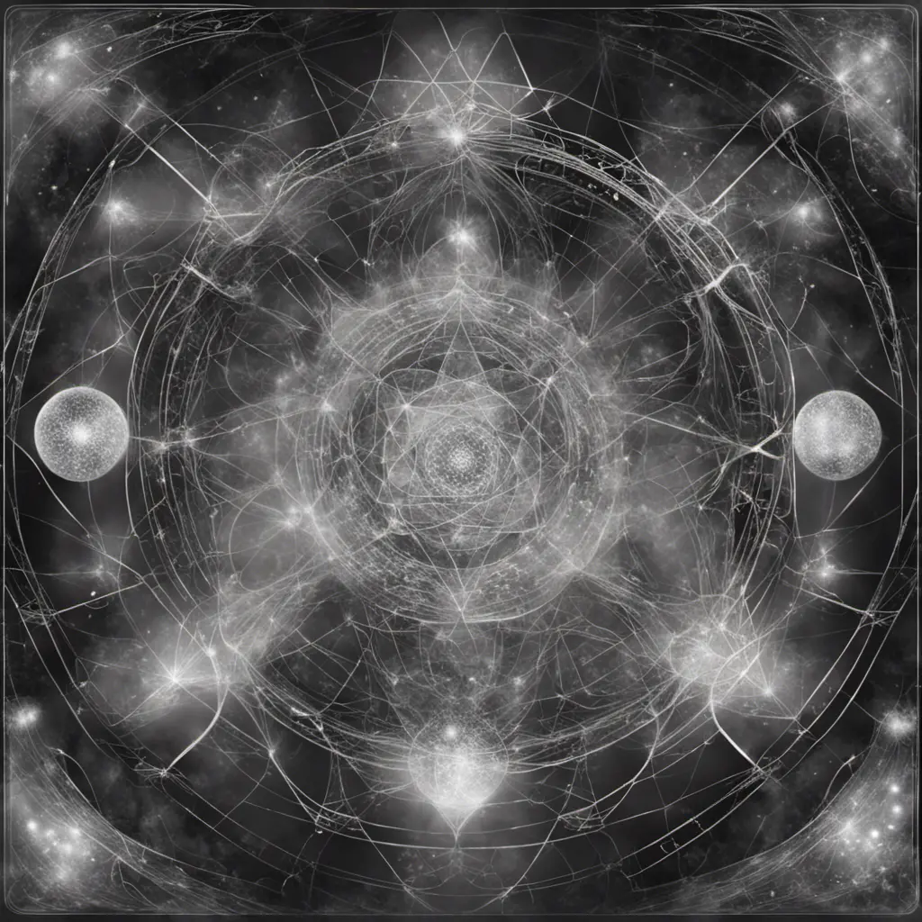 polution symboles, connected to other universes, to the invisible worlds, shades of grey colors, shinning light, sacred geometry, Digital Illustration