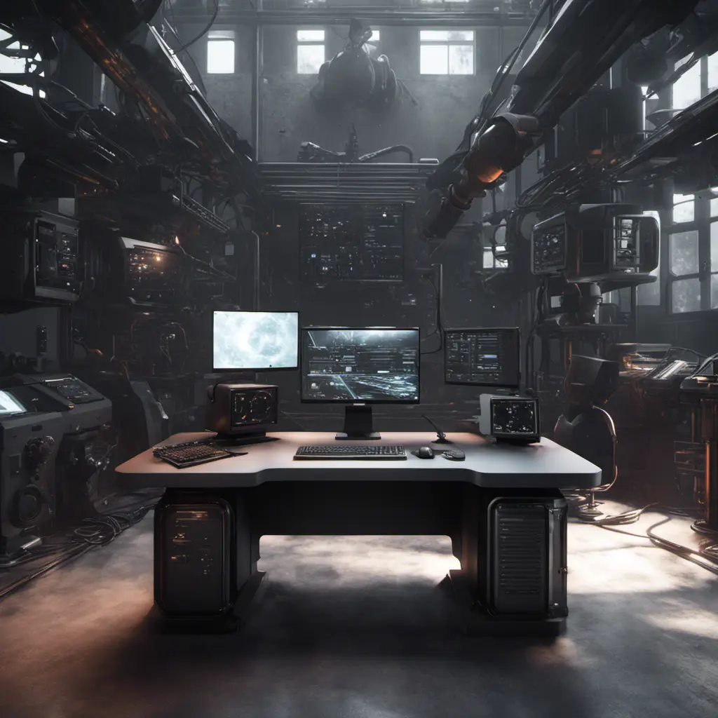 A dark industrial desk from the future with many monitors, Photo Realistic, Volumetric light effect, Octane Render, Unreal Engine, Ambient Occlusion, Maximalism, Industrial by Greg Rutkowski