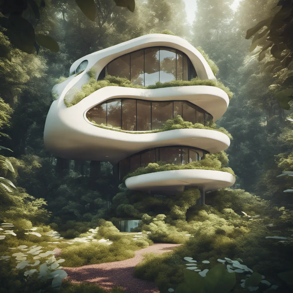 Beautiful futuristic organic house made from imaginary plants in a forest, 8k, Award-Winning, Highly Detailed, Beautiful, Epic, Octane Render, Unreal Engine, Radiant, Volumetric Lighting by Beeple