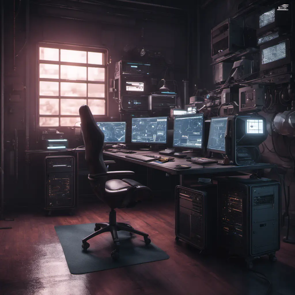 A dark industrial desk from the future with many monitors, Photo Realistic, Volumetric light effect, Octane Render, Unreal Engine, Ambient Occlusion, Maximalism, Industrial by Beeple