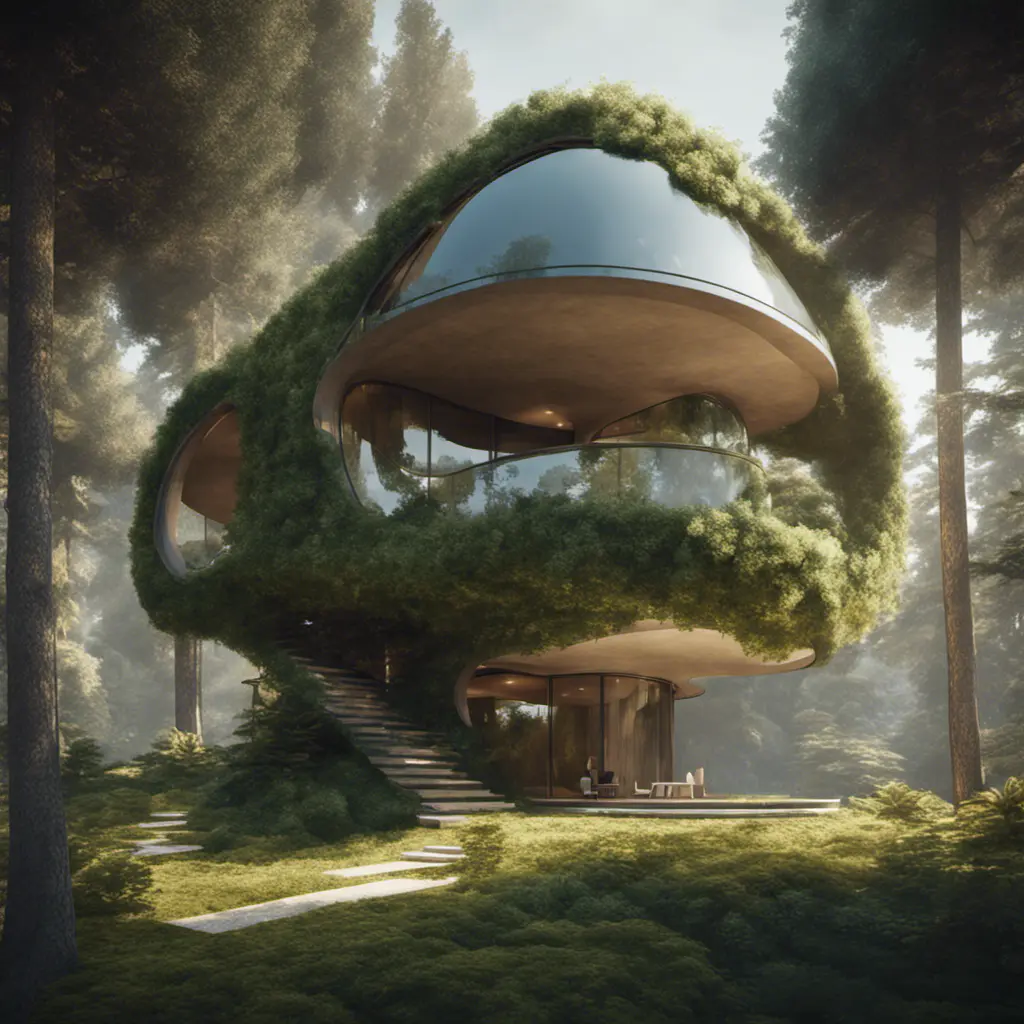 Beautiful futuristic organic house made from imaginary plants in a forest, 8k, Award-Winning, Highly Detailed, Beautiful, Epic, Octane Render, Unreal Engine, Radiant, Volumetric Lighting by Stefan Kostic