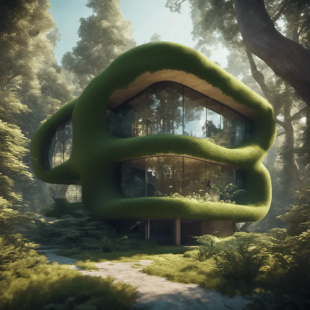 Beautiful futuristic organic house made from imaginary plants in a forest, 8k, Award-Winning, Highly Detailed, Beautiful, Epic, Octane Render, Unreal Engine, Radiant, Volumetric Lighting by Beeple