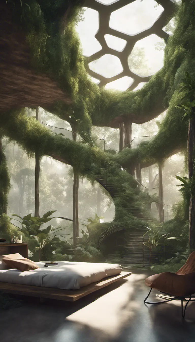 Beautiful futuristic organic house made from imaginary plants in a forest, 8k, Award-Winning, Highly Detailed, Beautiful, Epic, Octane Render, Unreal Engine, Radiant, Volumetric Lighting by WLOP