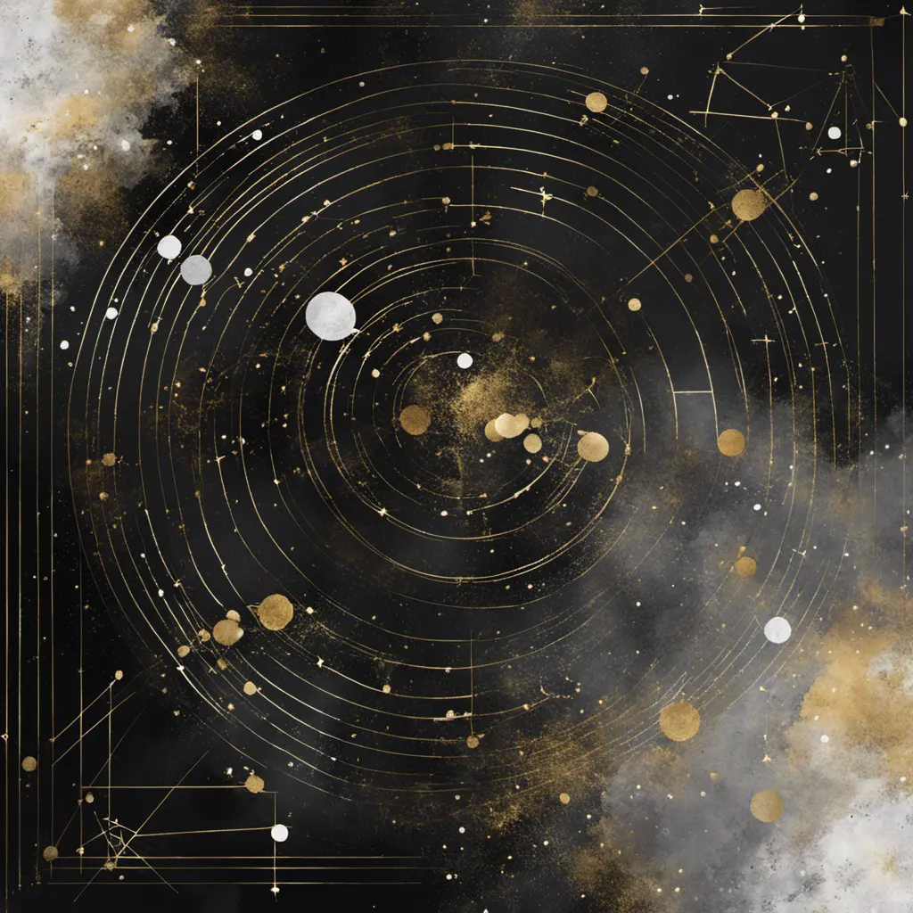 minimalist, elegant, discreet, abstract, enigmatic, sophisticated, modern, mysterious and perfect painting of constellations in black gold and silver, Digital Illustration