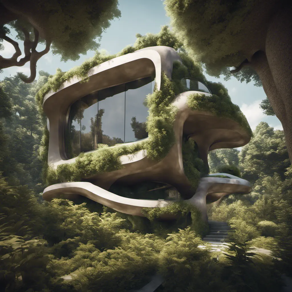 Beautiful futuristic organic house made from imaginary plants in a forest, 8k, Award-Winning, Highly Detailed, Beautiful, Epic, Octane Render, Unreal Engine, Radiant, Volumetric Lighting by Greg Rutkowski