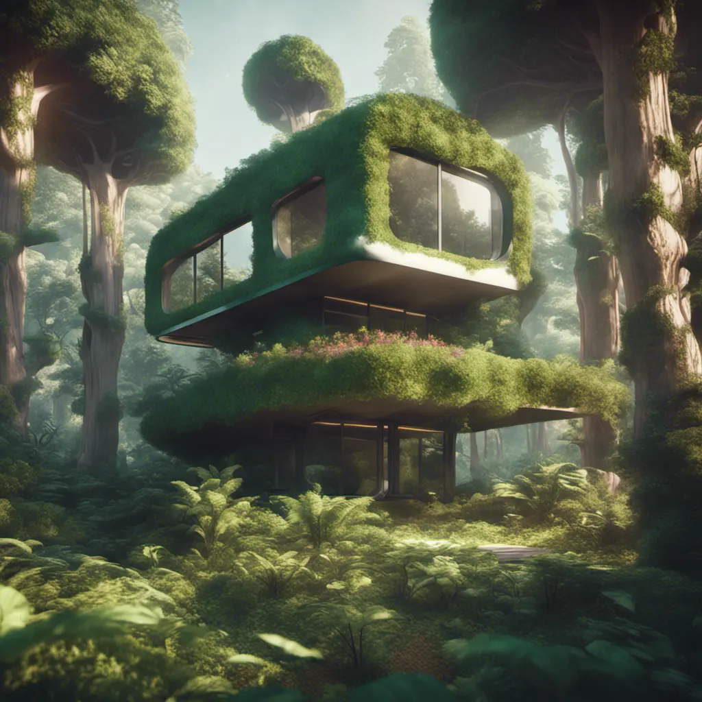 Beautiful futuristic organic house made from imaginary plants in a forest, 8k, Award-Winning, Highly Detailed, Beautiful, Epic, Octane Render, Unreal Engine, Radiant, Volumetric Lighting by Beeple