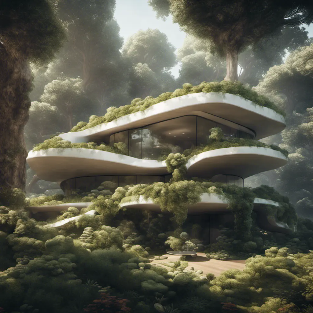 Beautiful futuristic organic house made from imaginary plants in a forest, 8k, Award-Winning, Highly Detailed, Beautiful, Epic, Octane Render, Unreal Engine, Radiant, Volumetric Lighting by Stefan Kostic