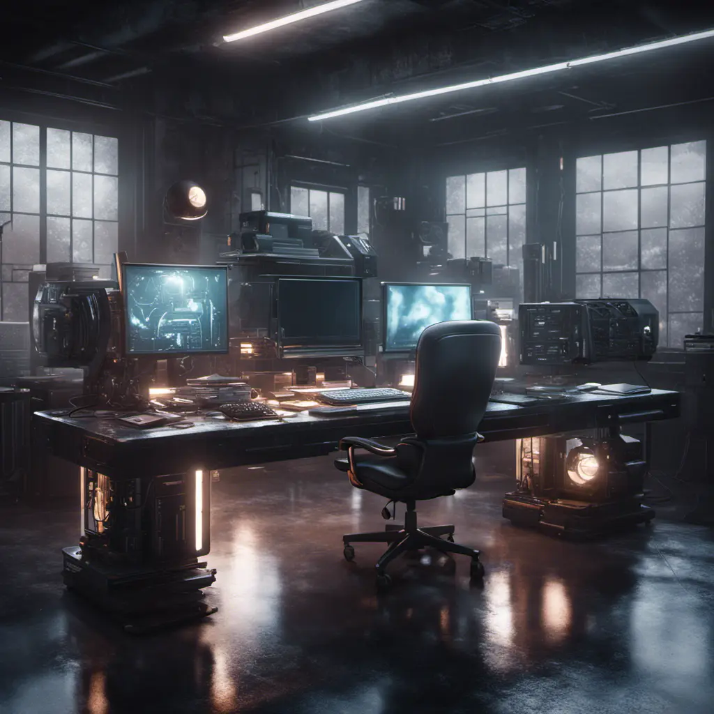 A dark industrial desk from the future with many monitors, Photo Realistic, Volumetric light effect, Octane Render, Unreal Engine, Ambient Occlusion, Maximalism, Industrial by Greg Rutkowski