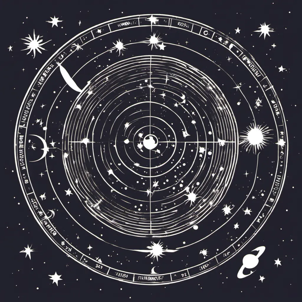 Stencil of astronomy horoscope in space with stars, planets, shooting stars and moon, Digital Illustration