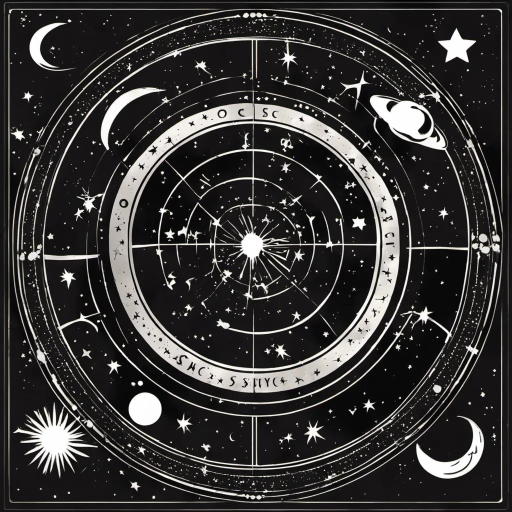 Stencil of astronomy horoscope in space with stars, planets, shooting stars and moon, Digital Illustration