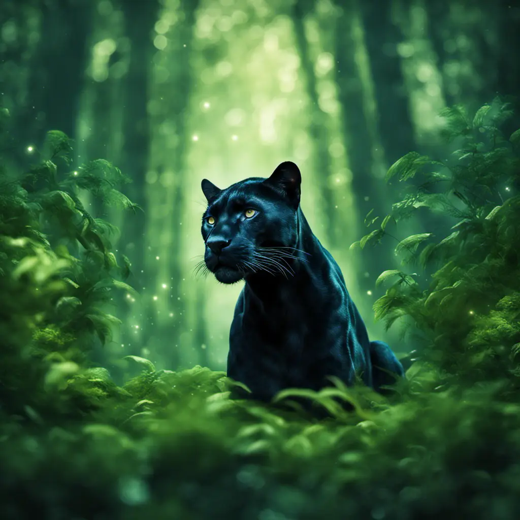 Panther in a green magical forest, Highly Detailed, Bokeh effect, Sharp Focus, Volumetric Lighting, Fantasy by Stefan Kostic