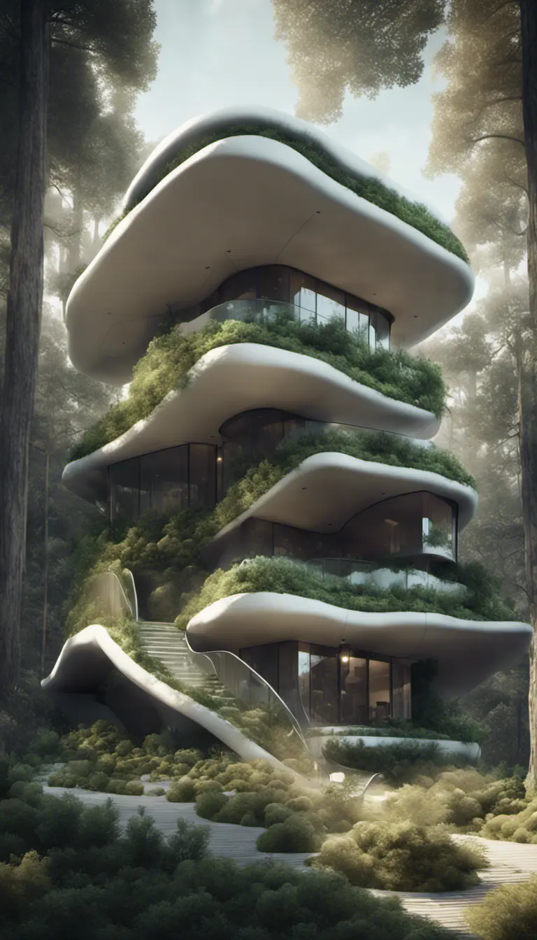 Beautiful futuristic organic house made from imaginary plants in a forest, 8k, Award-Winning, Highly Detailed, Beautiful, Epic, Octane Render, Unreal Engine, Radiant, Volumetric Lighting by WLOP