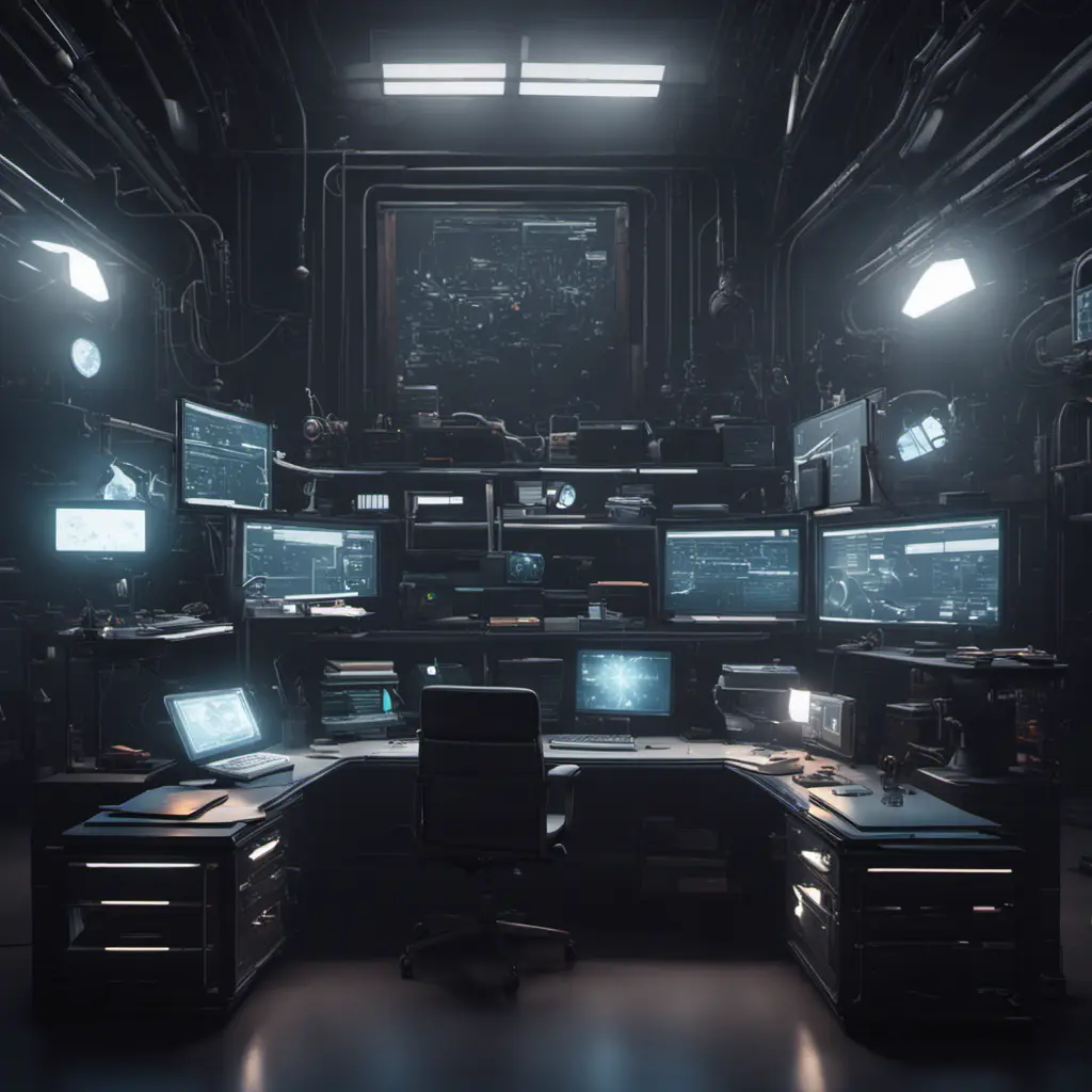 A dark industrial desk from the future with many monitors, Photo Realistic, Volumetric light effect, Octane Render, Unreal Engine, Ambient Occlusion, Maximalism, Industrial by Beeple