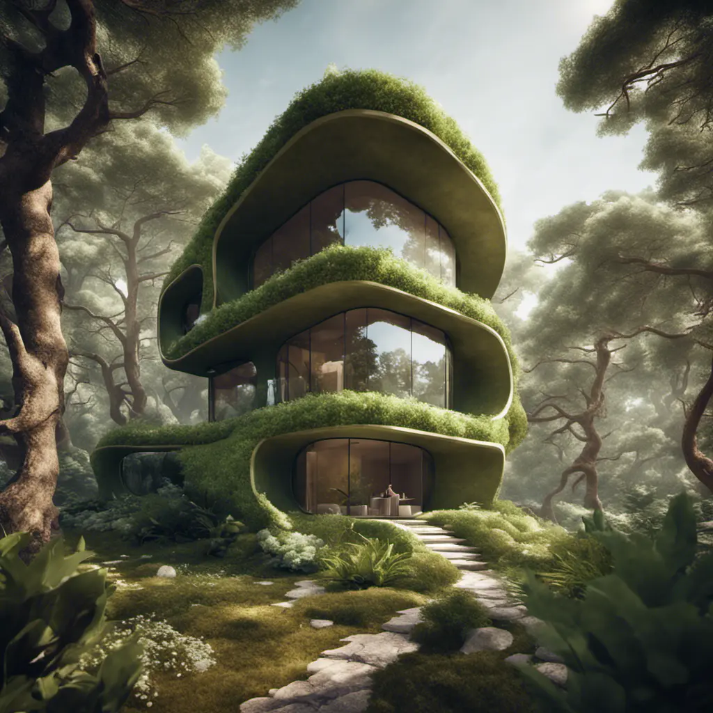 Beautiful futuristic organic house made from imaginary plants in a forest, 8k, Award-Winning, Highly Detailed, Beautiful, Epic, Octane Render, Unreal Engine, Radiant, Volumetric Lighting by Stefan Kostic