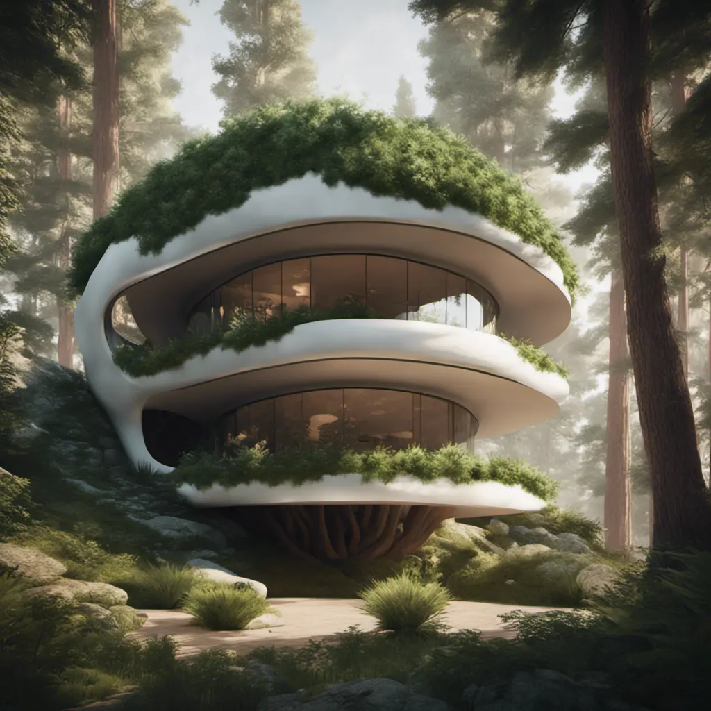 Beautiful futuristic organic house made from imaginary plants in a forest, 8k, Award-Winning, Highly Detailed, Beautiful, Epic, Octane Render, Unreal Engine, Radiant, Volumetric Lighting by WLOP