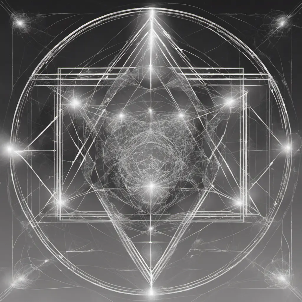 polution symboles, connected to other universes, to the invisible worlds, shades of grey colors, shinning light, sacred geometry, Digital Illustration