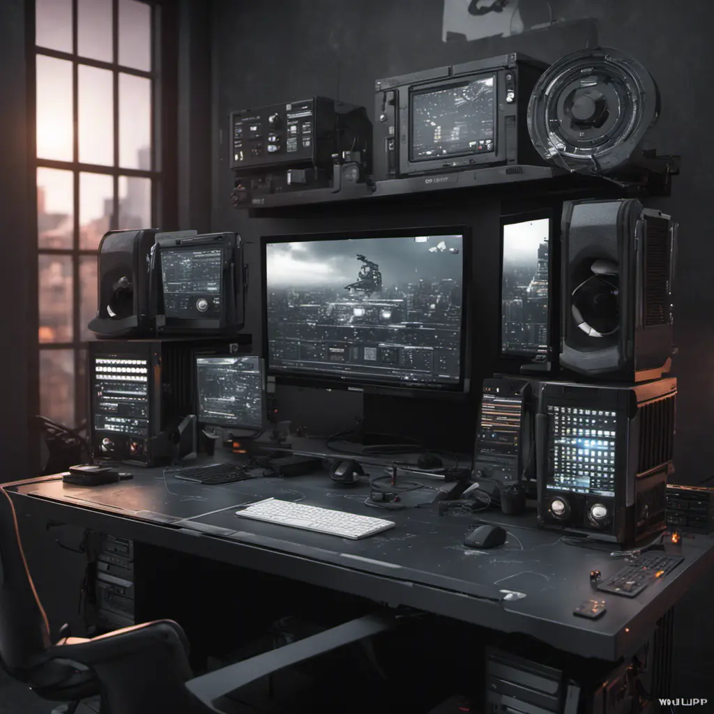 A dark industrial desk from the future with many monitors, Photo Realistic, Volumetric light effect, Octane Render, Unreal Engine, Ambient Occlusion, Maximalism, Industrial by WLOP