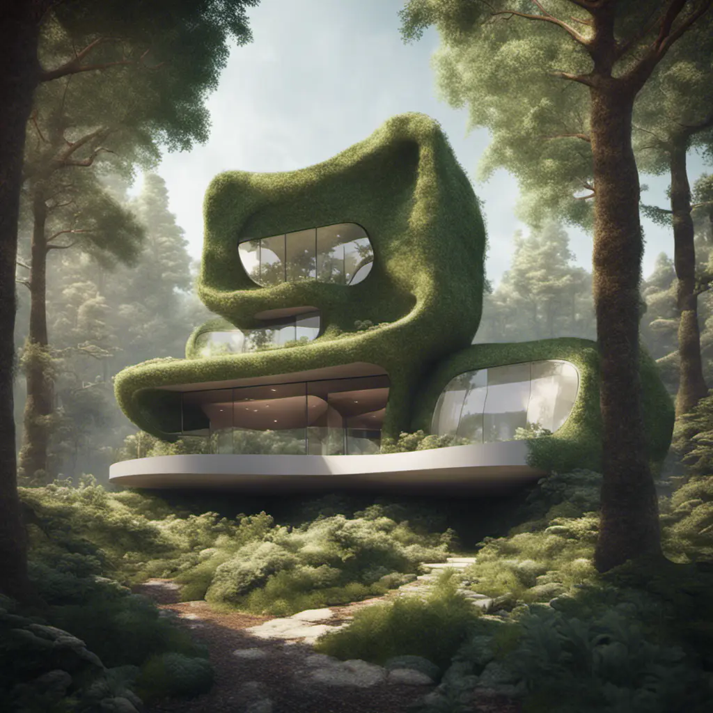 Beautiful futuristic organic house made from imaginary plants in a forest, 8k, Award-Winning, Highly Detailed, Beautiful, Epic, Octane Render, Unreal Engine, Radiant, Volumetric Lighting by Stefan Kostic