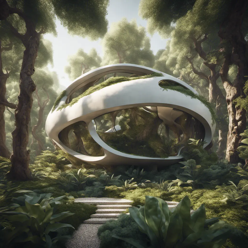 Beautiful futuristic organic house made from imaginary plants in a forest, 8k, Award-Winning, Highly Detailed, Beautiful, Epic, Octane Render, Unreal Engine, Radiant, Volumetric Lighting by Greg Rutkowski