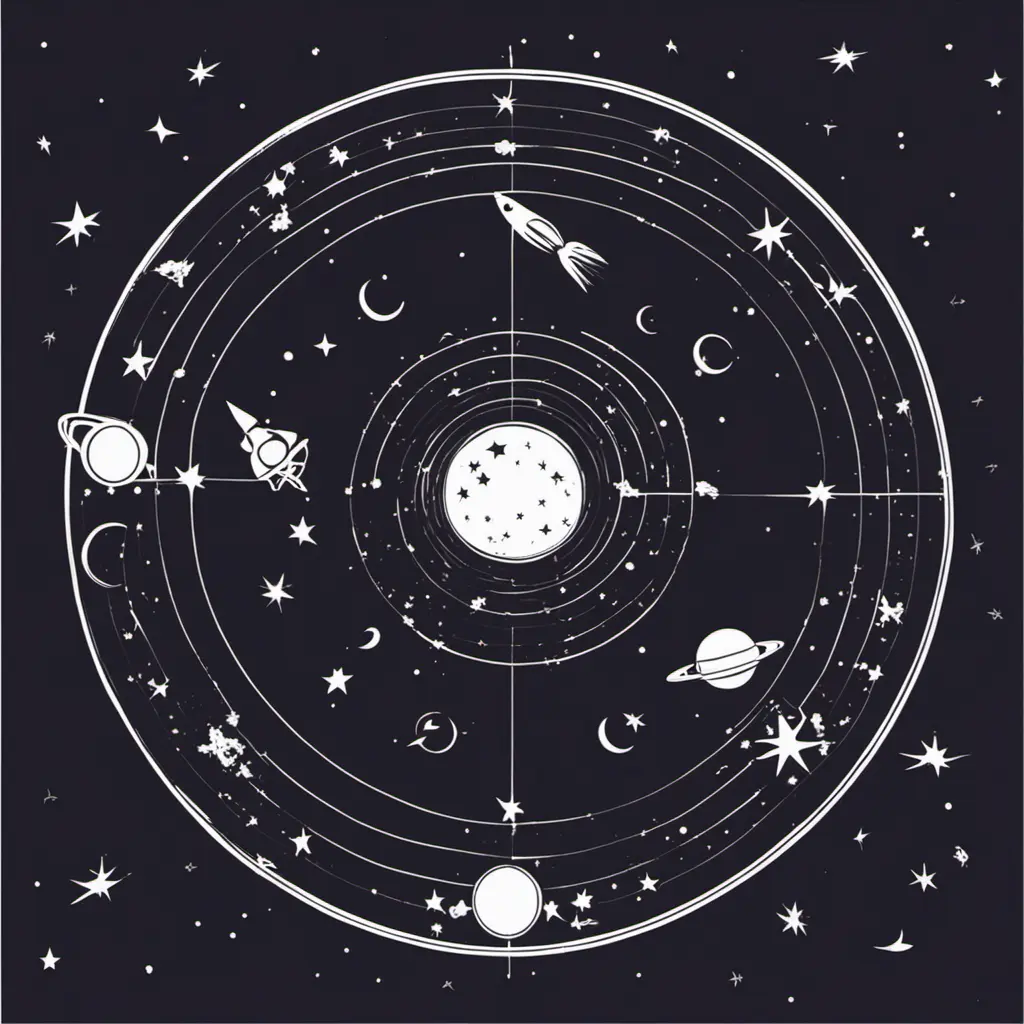 Stencil of astronomy horoscope in space with stars, planets, shooting stars and moon, Digital Illustration