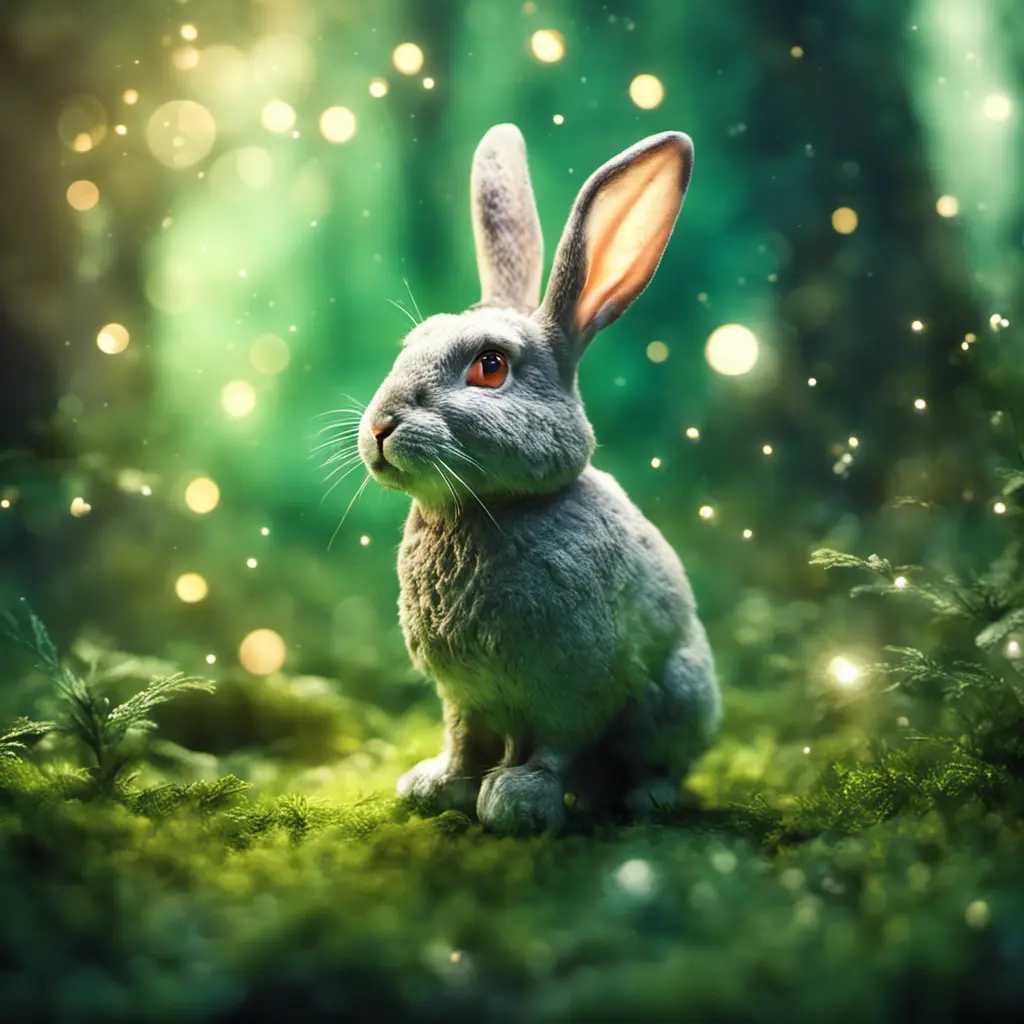 Rabbit in a green magical forest, Highly Detailed, Bokeh effect, Sharp Focus, Volumetric Lighting, Fantasy by Stefan Kostic