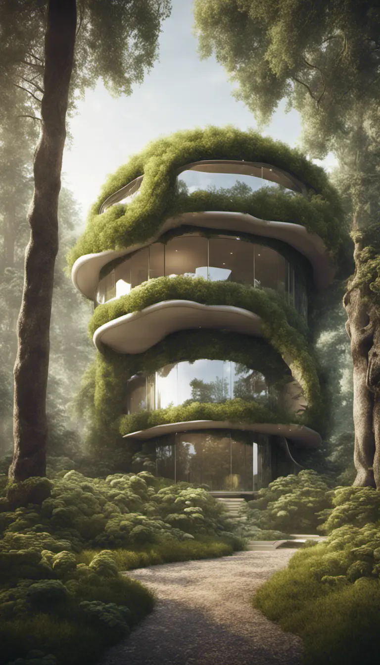 Beautiful futuristic organic house made from imaginary plants in a forest, 8k, Award-Winning, Highly Detailed, Beautiful, Epic, Octane Render, Unreal Engine, Radiant, Volumetric Lighting by Stefan Kostic