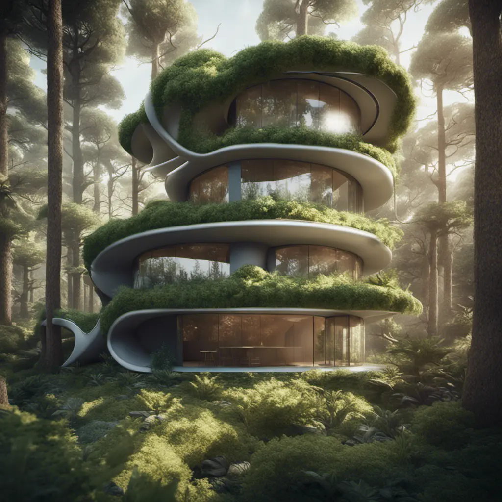 Beautiful futuristic organic house made from imaginary plants in a forest, 8k, Award-Winning, Highly Detailed, Beautiful, Epic, Octane Render, Unreal Engine, Radiant, Volumetric Lighting by Stefan Kostic