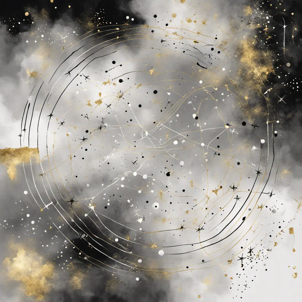 minimalist, elegant, discreet, abstract, enigmatic, sophisticated, modern, mysterious and perfect painting of constellations in black gold and silver, Digital Illustration