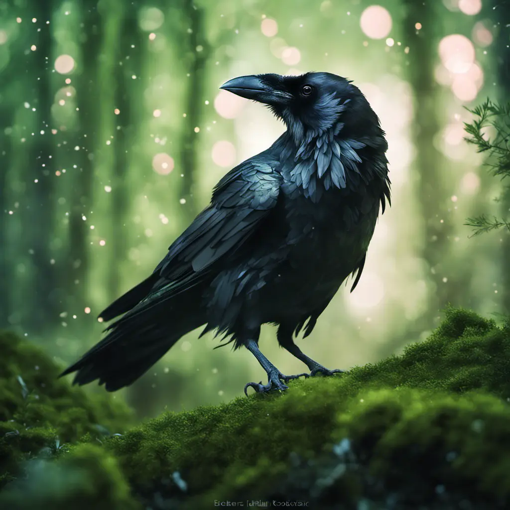 Raven in a green magical forest, Highly Detailed, Bokeh effect, Sharp Focus, Volumetric Lighting, Fantasy by Stefan Kostic