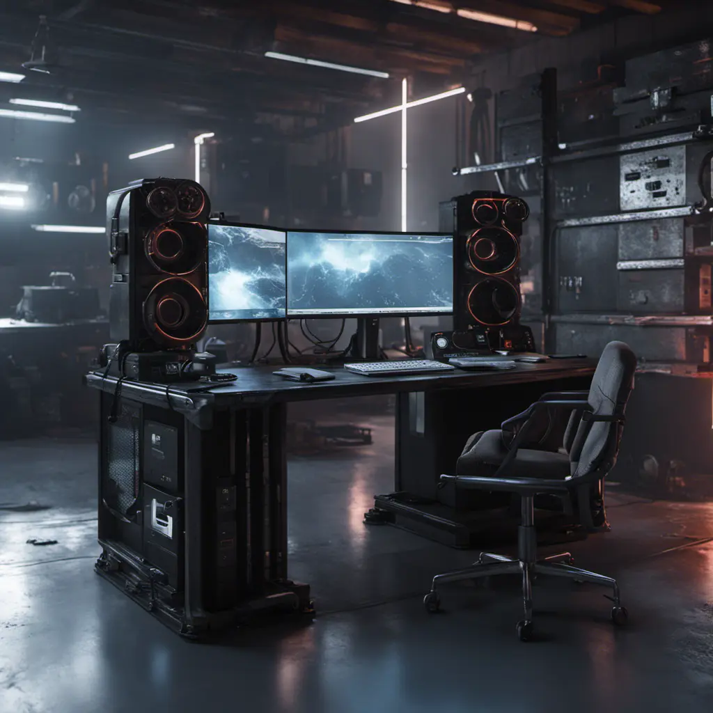 A dark industrial desk from the future with many monitors, Photo Realistic, Volumetric light effect, Octane Render, Unreal Engine, Ambient Occlusion, Maximalism, Industrial by WLOP