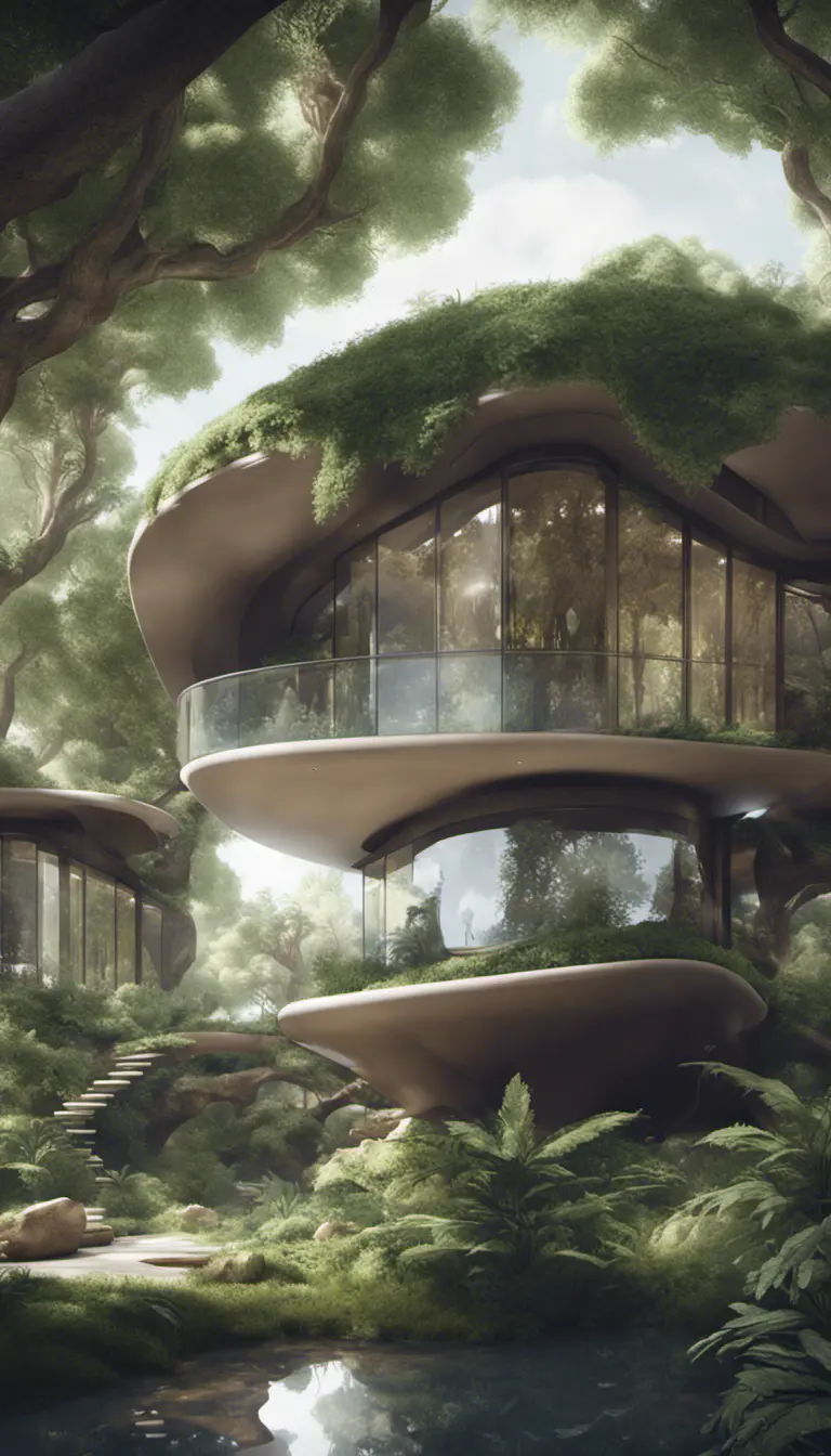 Beautiful futuristic organic house made from imaginary plants in a forest, 8k, Award-Winning, Highly Detailed, Beautiful, Epic, Octane Render, Unreal Engine, Radiant, Volumetric Lighting by WLOP