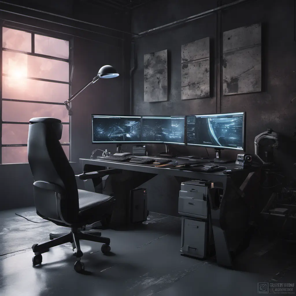 A dark industrial desk from the future with many monitors, Photo Realistic, Volumetric light effect, Octane Render, Unreal Engine, Ambient Occlusion, Maximalism, Industrial by Stanley Artgerm Lau