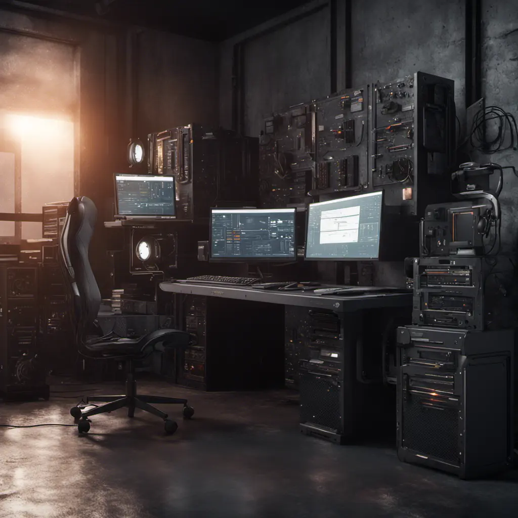 A dark industrial desk from the future with many monitors, Photo Realistic, Volumetric light effect, Octane Render, Unreal Engine, Ambient Occlusion, Maximalism, Industrial by Stefan Kostic