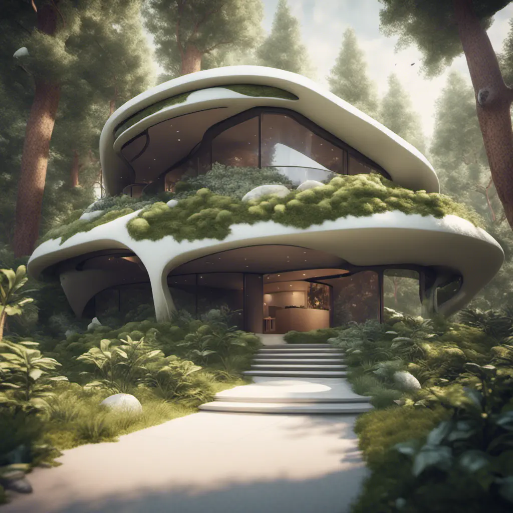 Beautiful futuristic organic house made from imaginary plants in a forest, 8k, Award-Winning, Highly Detailed, Beautiful, Epic, Octane Render, Unreal Engine, Radiant, Volumetric Lighting by Greg Rutkowski