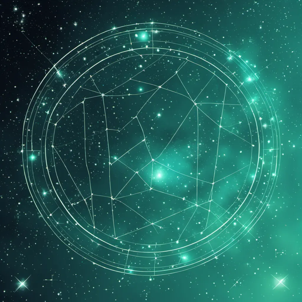 galaxy constellation of stars joined by thin straight lines horoscope leo aqua green, Digital Illustration