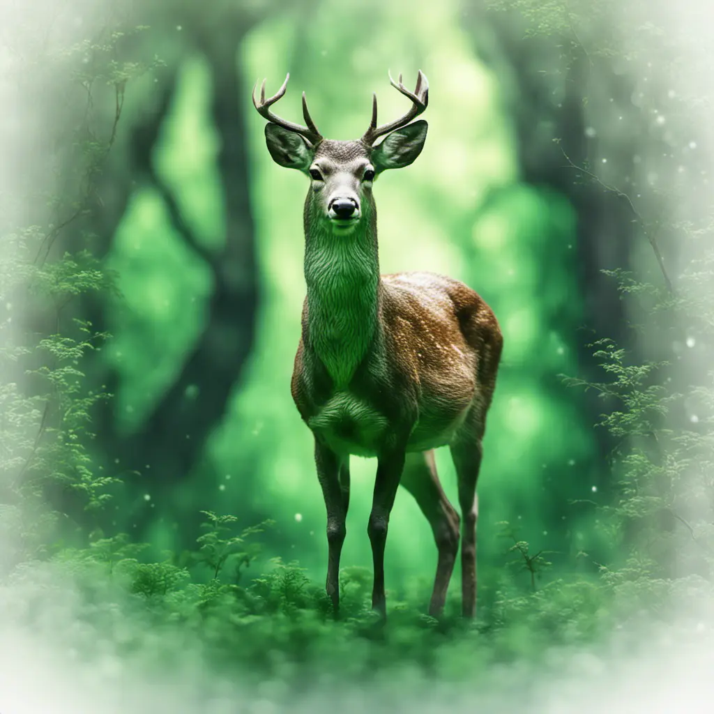 Deer in a green magical forest, Highly Detailed, Bokeh effect, Sharp Focus, Volumetric Lighting, Fantasy by Stefan Kostic