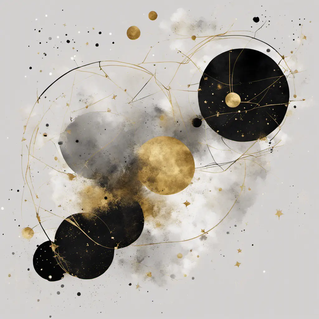 minimalist, elegant, discreet, abstract, enigmatic, sophisticated, modern, mysterious and perfect painting of constellations in black gold and silver, Digital Illustration