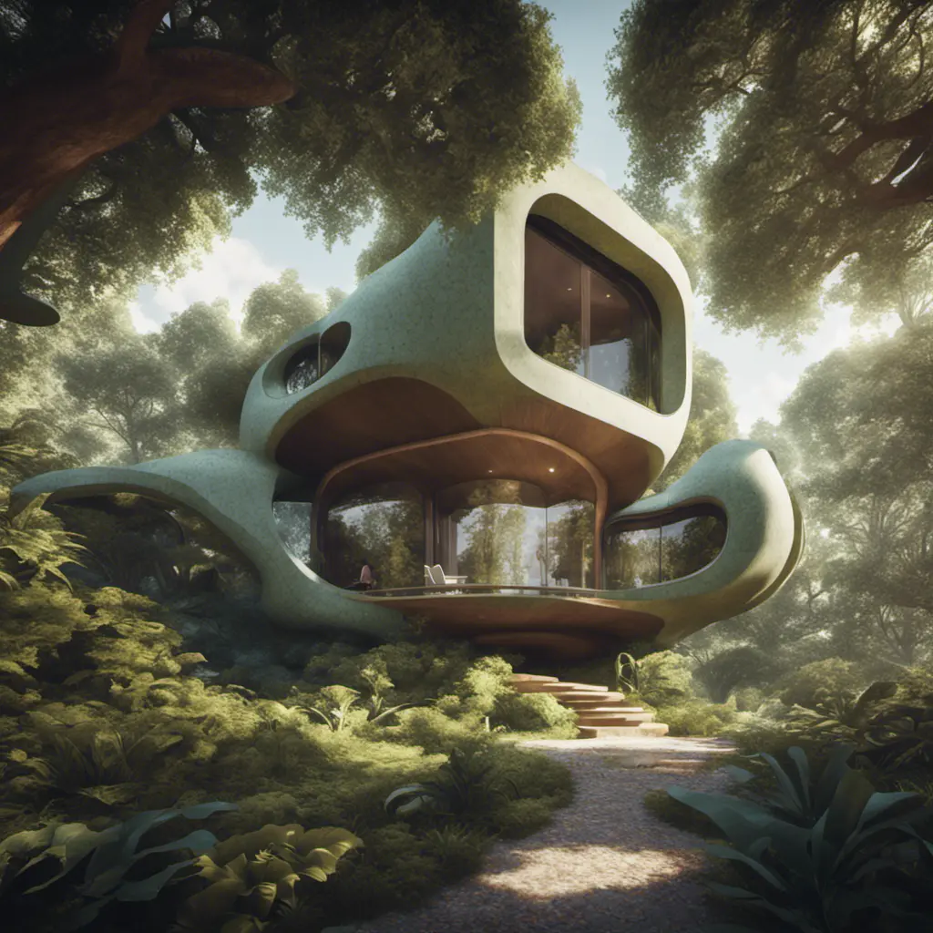 Beautiful futuristic organic house made from imaginary plants in a forest, 8k, Award-Winning, Highly Detailed, Beautiful, Epic, Octane Render, Unreal Engine, Radiant, Volumetric Lighting by Greg Rutkowski