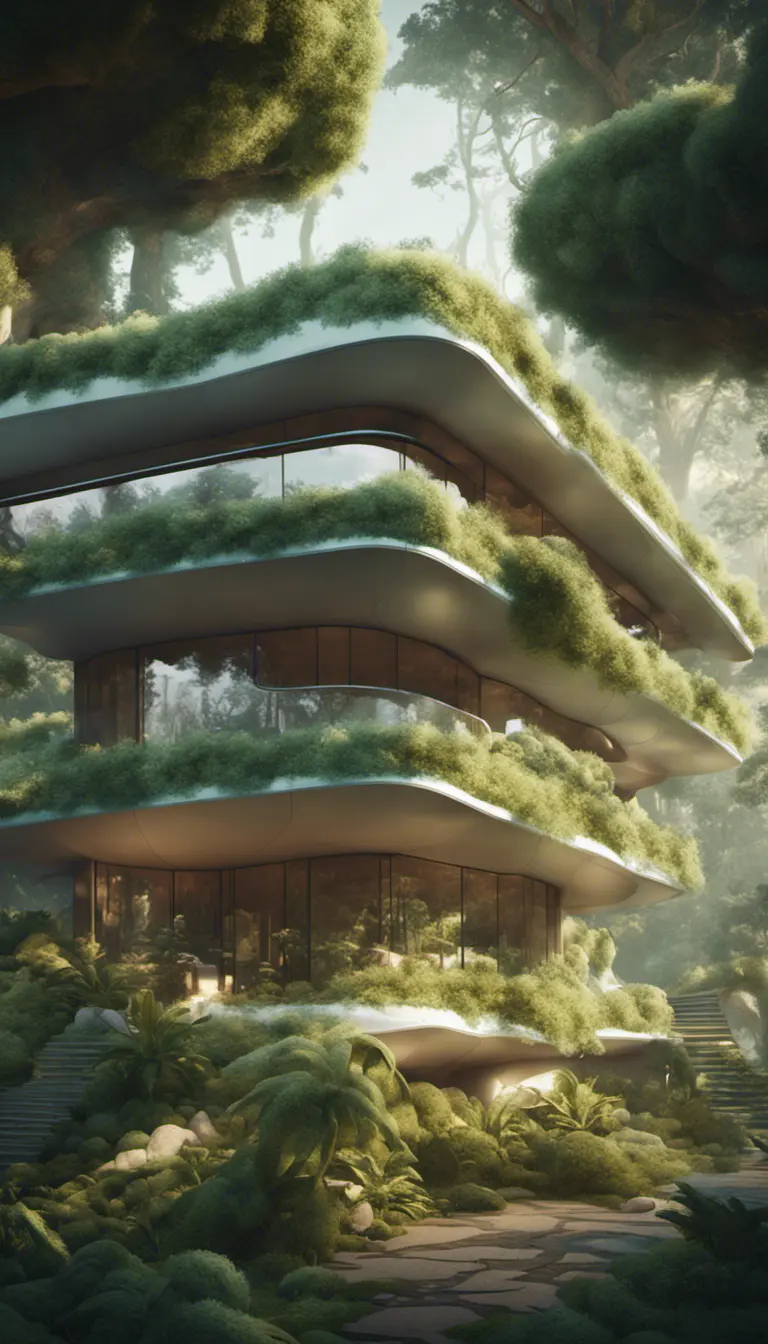 Beautiful futuristic organic house made from imaginary plants in a forest, 8k, Award-Winning, Highly Detailed, Beautiful, Epic, Octane Render, Unreal Engine, Radiant, Volumetric Lighting by Beeple