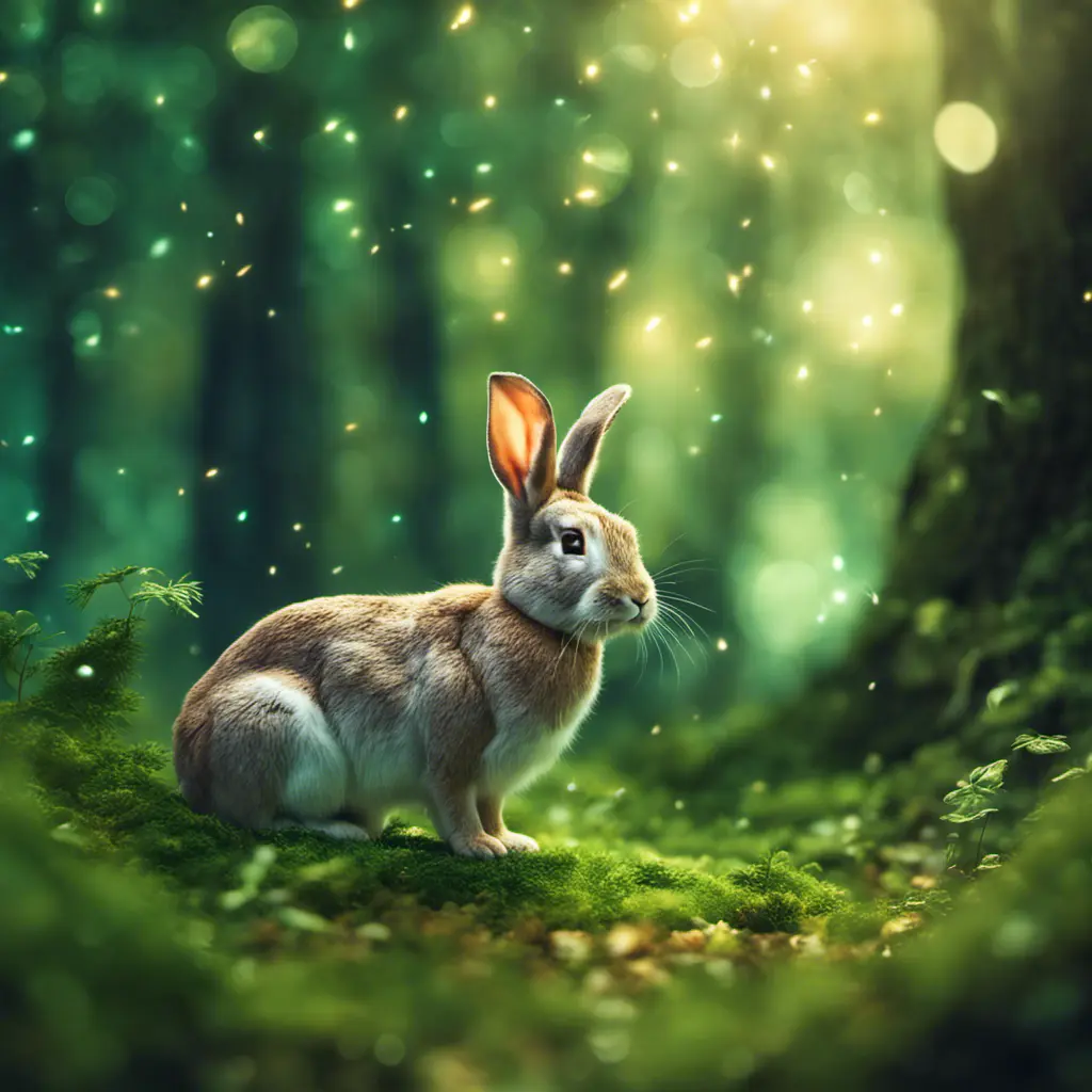 Rabbit in a green magical forest, Highly Detailed, Bokeh effect, Sharp Focus, Volumetric Lighting, Fantasy by Stefan Kostic