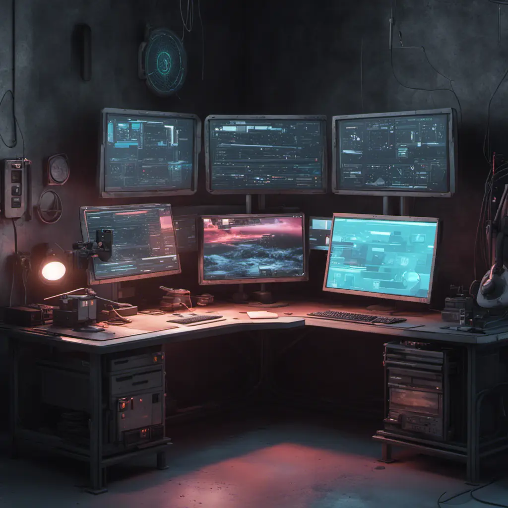 A dark industrial desk from the future with many monitors, Photo Realistic, Volumetric light effect, Octane Render, Unreal Engine, Ambient Occlusion, Maximalism, Industrial by Beeple