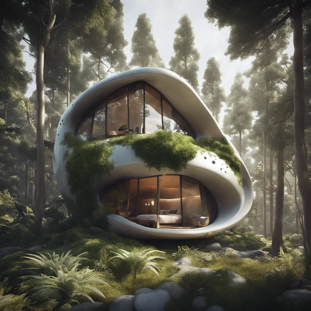 Beautiful futuristic organic house made from imaginary plants in a forest, 8k, Award-Winning, Highly Detailed, Beautiful, Epic, Octane Render, Unreal Engine, Radiant, Volumetric Lighting by WLOP